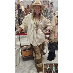 A Rare Bird Women's Boho Lace Eyelet Linen Ruffle V Neck Blouse Cream OS NWT